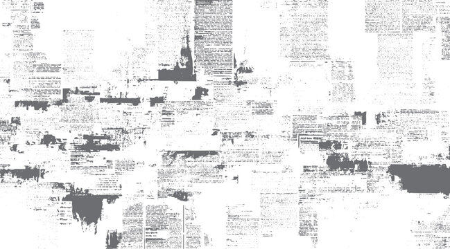 Distressed grunge newspaper texture with scattered text and dark gray abstract shapes