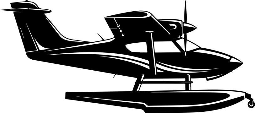 Black seaplane, float plane, vector airplane, aircraft icon