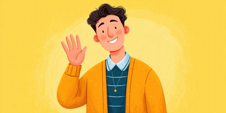 Friendly young man waving hello with warm smile in cheerful digital illustration style representing welcoming gesture positive communication and approachable personality concept