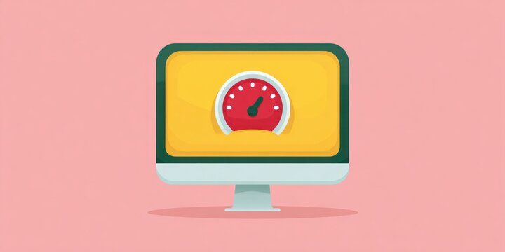 Flat illustration of computer monitor displaying high speed internet performance icon representing fast connectivity digital efficiency and modern network technology concept