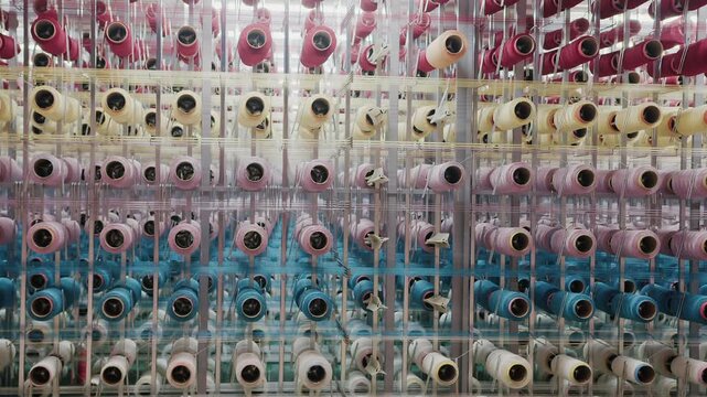 Rows of vibrant thread bobbins rotating on a weaving loom in a large textile factory