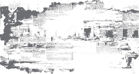 Fototapeta premium Distressed grunge overlay of faded newspaper text and abstract grey shapes on white background texture