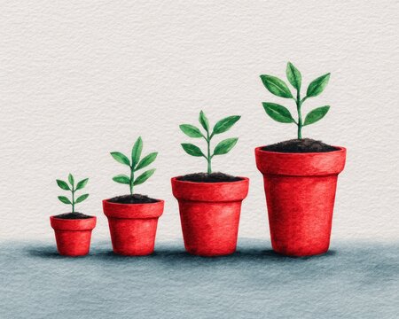 Watercolor illustration of green plants growing in red flower pots showing progressive growth representing development success stages and sustainable growth concept