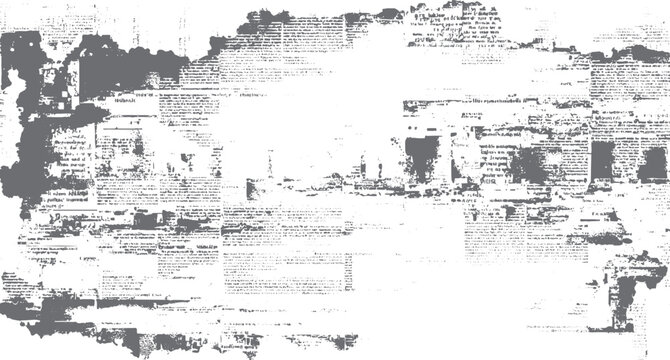 Distressed grunge overlay of faded newspaper text and abstract grey shapes on white background texture
