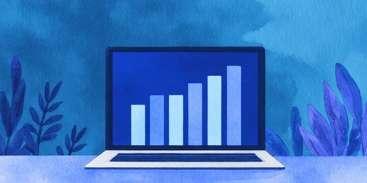 Laptop displaying financial bar chart growth representing business success data analysis performance tracking and digital investment strategy concept