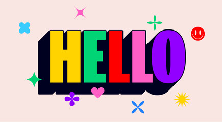 Obraz premium Hello. Funny banner, speech bubble, poster sticker concept. Geometric colorful style for fun, bright party, with text Hello. Phrase, text, message Hello Vector Illustration