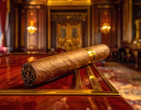 Cigar on a polished table in a lavish, richly decorated room