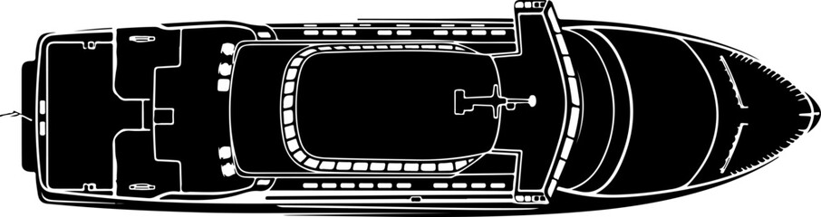 Luxury yacht, boat deck plan, nautical vector, black and white illustration, sailing vessel © Rokeyadesigner