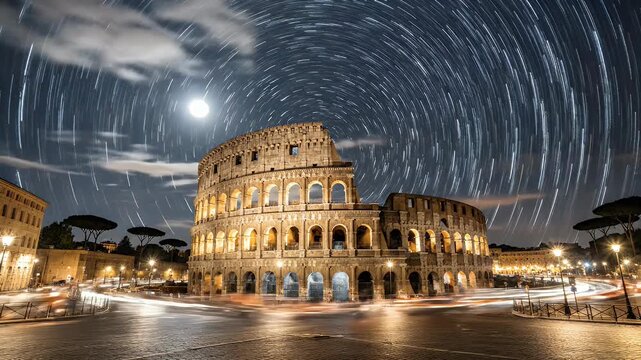 The Colosseum in Rome stands majestically under a starry night sky, with blurred lights of traffic creating a dynamic and captivating scene.