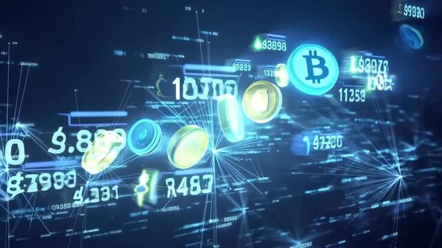 A digital finance timelapse of a cryptocurrency portfolio growing with coin symbols increasing in size against a blockchain background, concept of digital investment and financial technology