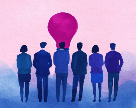 Watercolor illustration of diverse business team standing together looking at bright idea concept representing innovation collaboration shared vision and creative teamwork success concept