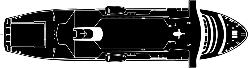Top-down view of luxury yacht, boat deck plan, nautical architecture, black and white vector illustration © Rokeyadesigner