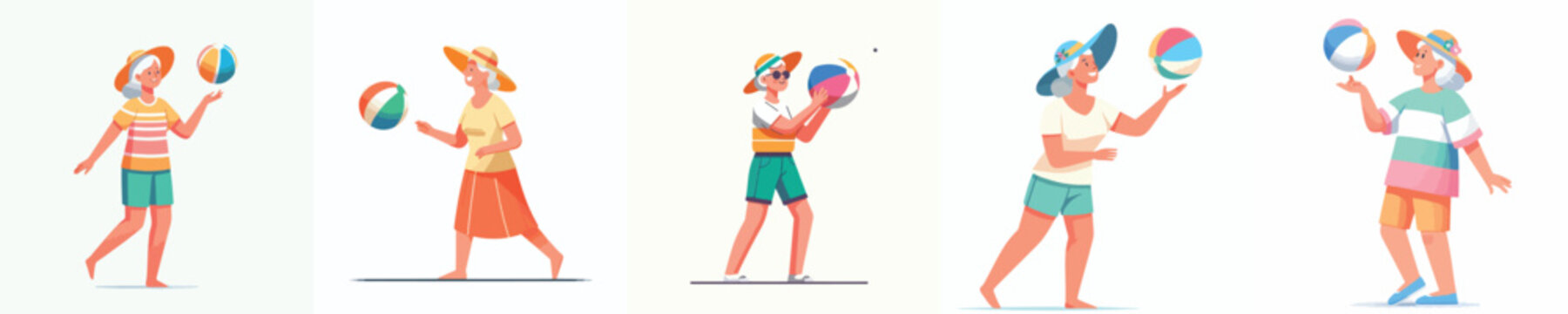 vector of a grandma standing playing beach ball in summer