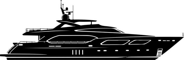 Luxury yacht, boat, vessel, nautical icon, black silhouette, white background © Rokeyadesigner