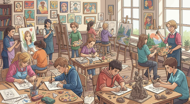 Children's Art Class: Young Artists Painting and Sculpting in a Bright Studio