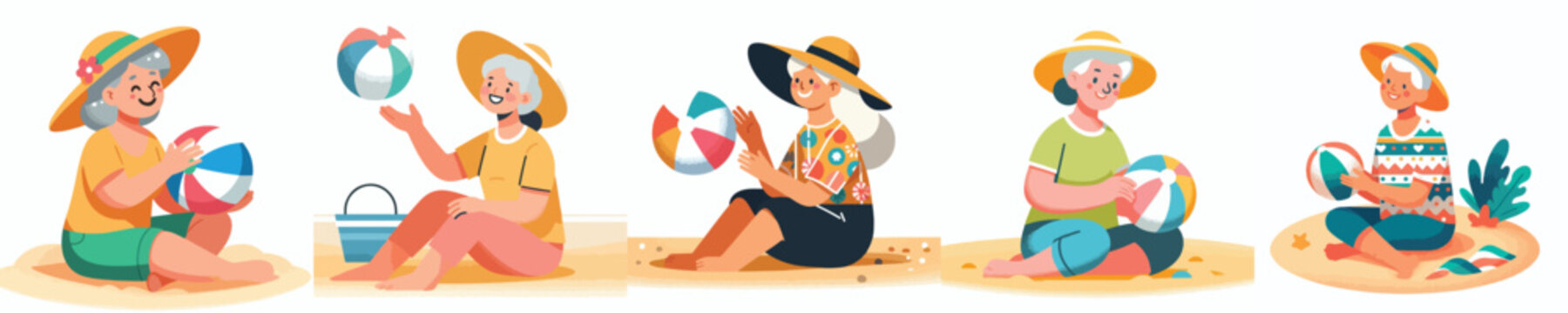 vector of a grandma sitting holding beach ball in summer