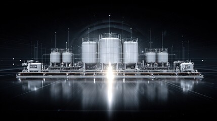 Obraz premium Industrial Complex: Stainless Steel Tanks and Illuminated Structures