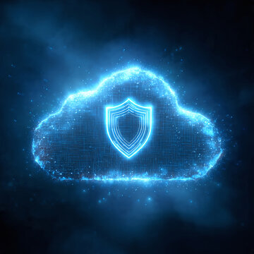 Futuristic Secure Cloud with Glowing Shield Symbol and Cybersecurity Protection Concept