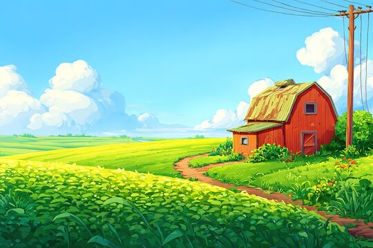 Red Barn Amidst Lush Green Fields under Blue Sky
