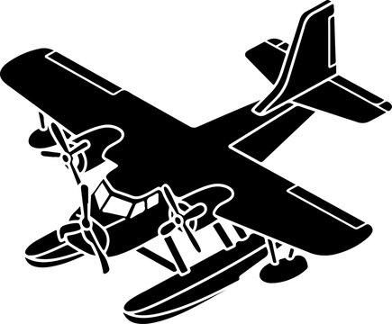 Black seaplane, airplane icon, vector aircraft, floatplane silhouette