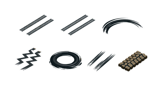 Set of black tire skid marks and circular drift traces with zigzag braking lines and mud tread imprint, isolated on white background