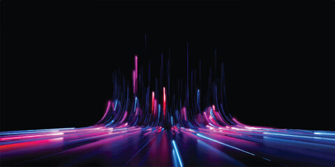 Abstract flowing streaks of light in vibrant pink and blue hues creating a futuristic data stream effect against a black background conceptualizing technology and speed © Romana