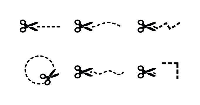 Set of scissors cut line icons showing dashed paths, curved and zigzag cuts, circle snip route, and right-angle corner trim on white