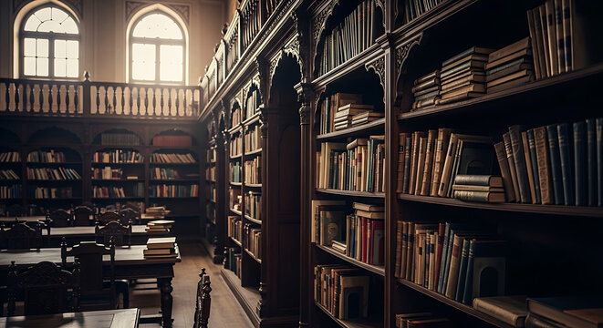 Historical library interior with bookshelves and sunlight from windows