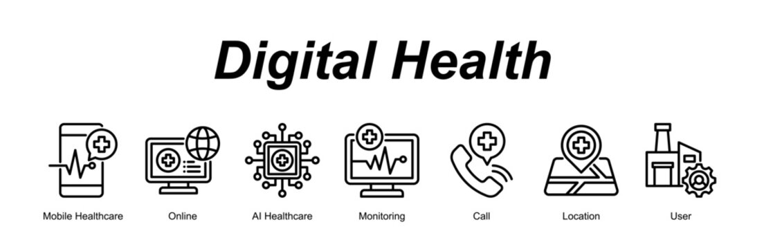 Digital Health web banner icon concept for with icon of Mobile Healthcare, Online, AI Healthcare, Monitoring, Call, Location, User.