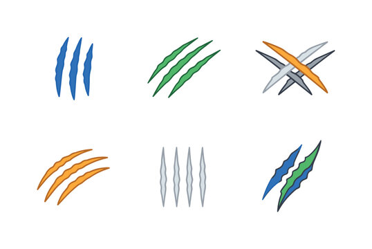 Set of stylized claw slash marks in multiple colors, abstract scratch streak icons and crossed gash symbol isolated on a white background