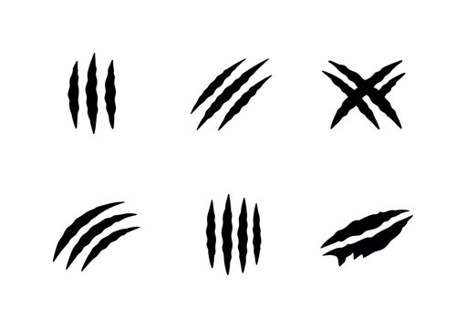 Set of black claw scratch marks and slashes isolated on white background, sharp torn gouges forming different directions and shapes