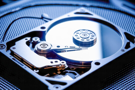 Close-up of an open hard disk drive showing the reflective platter and actuator arm inside a computer storage device.