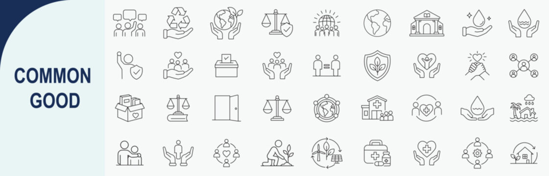 Common good and social responsibility thin line icon set, gray linear icons
