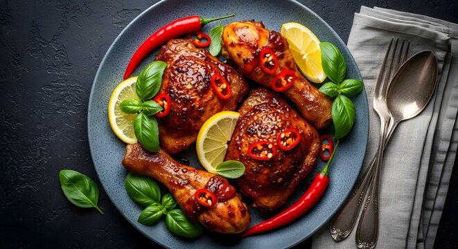 Spicy peri peri chicken thighs a flavorful feast on a platter with fresh citrus and herbs
