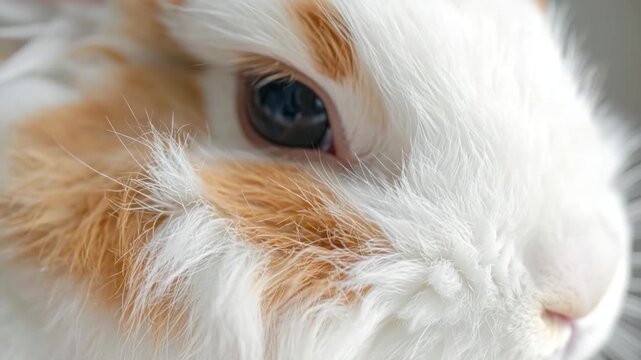 Extreme close-up macro photo of a cute fluffy white and orange bunny rabbit's eye and fur