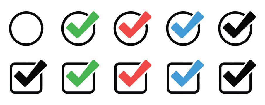 Checkbox Vector Icon Set with Blank and Checked States, Tick Mark Selection Boxes Collection for UI Design, Forms, Apps, Web Interfaces, Survey Elements and User Interaction Graphics
