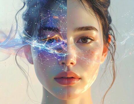 Augmented human portrait, glowing data threads and iridescent polygons intertwining with her skin, robotics, futuristic aesthetic, generative ai