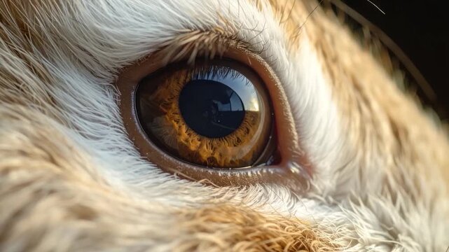 Extreme close-up of a brown rabbit eye macro detail of fur and iris natural light
