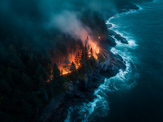 Fototapeta premium Wildfires on the peninsula, bright flames surround the edge of the pine forest, top view