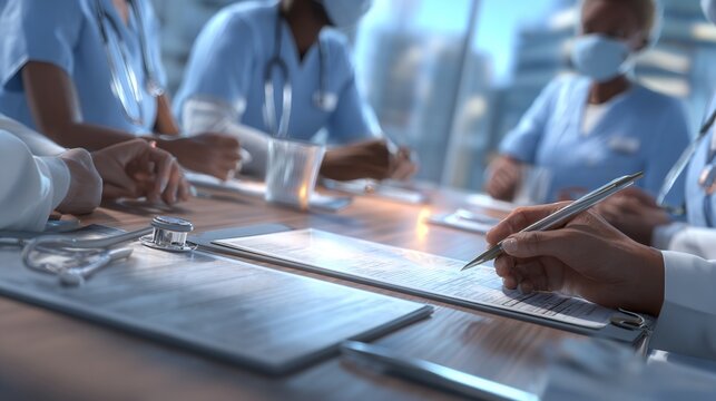 Doctors, nurses and women on clipboard meeting collaboration concept
