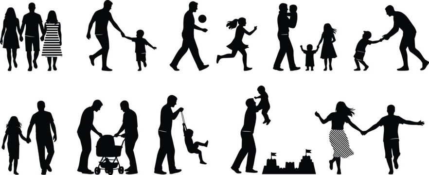 Family bonding silhouettes, parents children activities, walking playing lifting stroller pushing sandcastle building swinging together