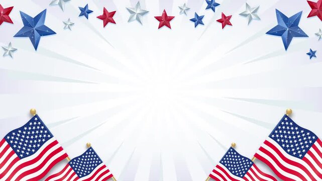 4K USA Background Animation. American flag with glitter stars on white sunburst background	