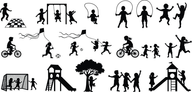 Children playground silhouettes, outdoor activities icons, kids playing swings kites bicycles soccer climbing running interaction fun