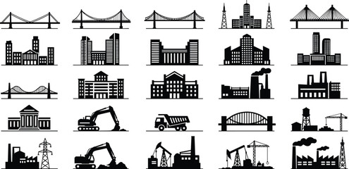 Industrial infrastructure silhouette icons, bridges factories power plants oil rigs cranes construction equipment city buildings engineering development urban growth © MDMAHOMUDUL