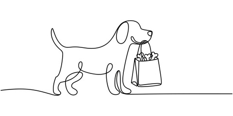 Fototapeta premium Single line of a dog carrying a shopping bag full of bones continuous line animal