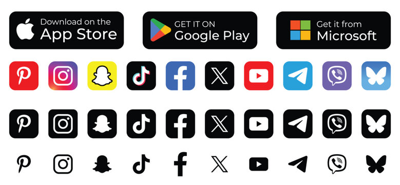 Popular social media logo icons set 2026 with Google Play, App Store and Microsoft Store download app buttons. Social media logos vector. Social media logo icon. vector illustration eps file.