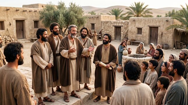Disciple preaching gospel to crowd of people in ancient Samaria village. Biblical scene of apostle teaching faith and religion to men, woman and child. Spiritual historical event.
