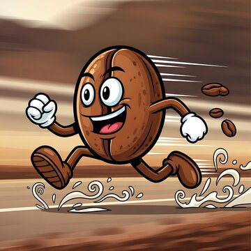 Animated coffee bean character sprinting with enthusiasm