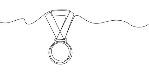 Obraz premium Single line of a medal with ribbon prize victory achievement in white background