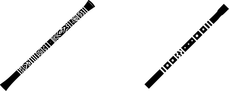 A hollow ceramic didgeridoo with intricate black patterns on a white background rests against a stark white backdrop